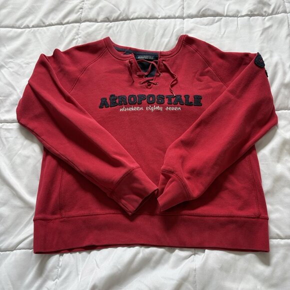 Vintage 90s Y2K Aeropostale Womans Size Medium Cropped Sweatshirt Tie Front Red - Picture 1 of 8